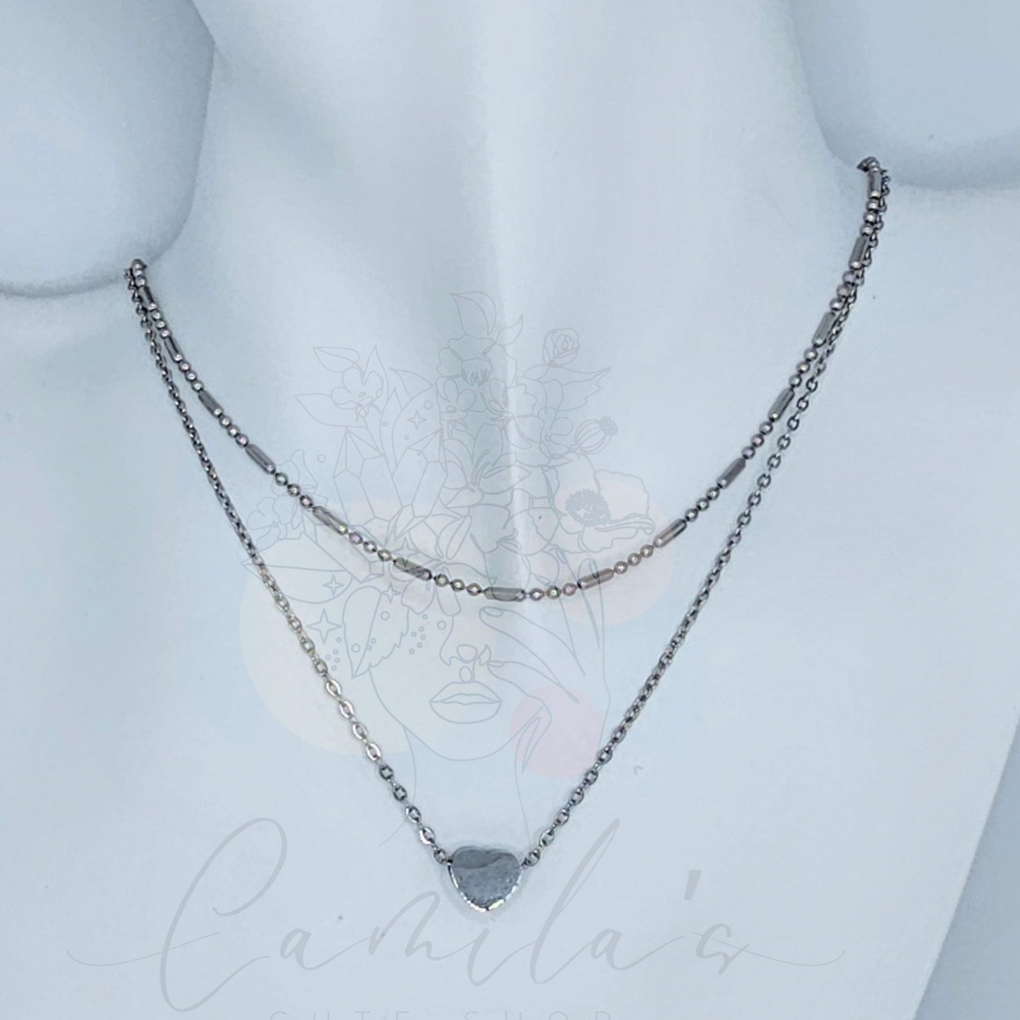 HEART DOUBLE NECKLACE AND EARRINGS STAINLESS STEEL SET