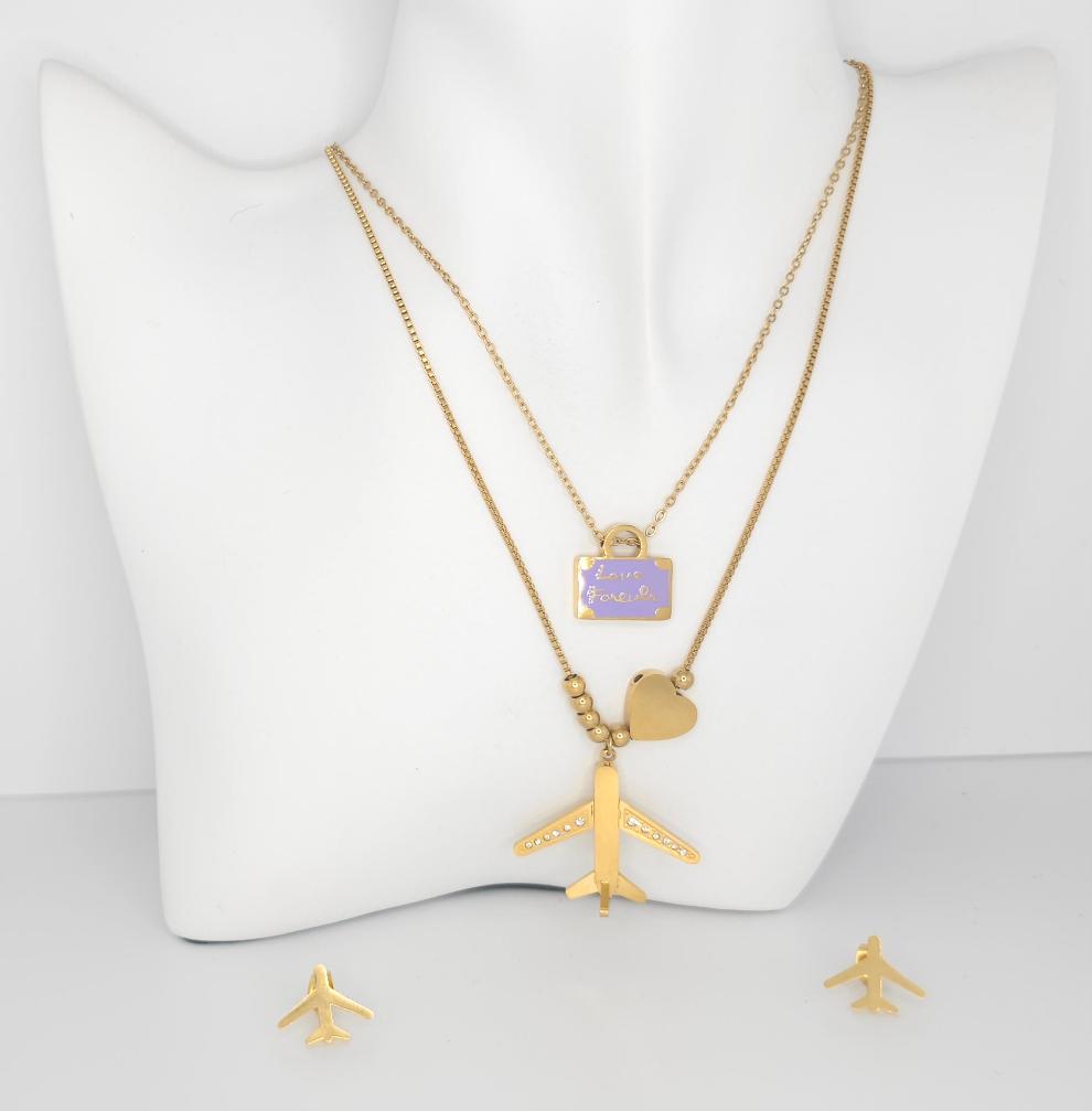 Gold Airplane Travel Charm Pendant Necklaceset with earings