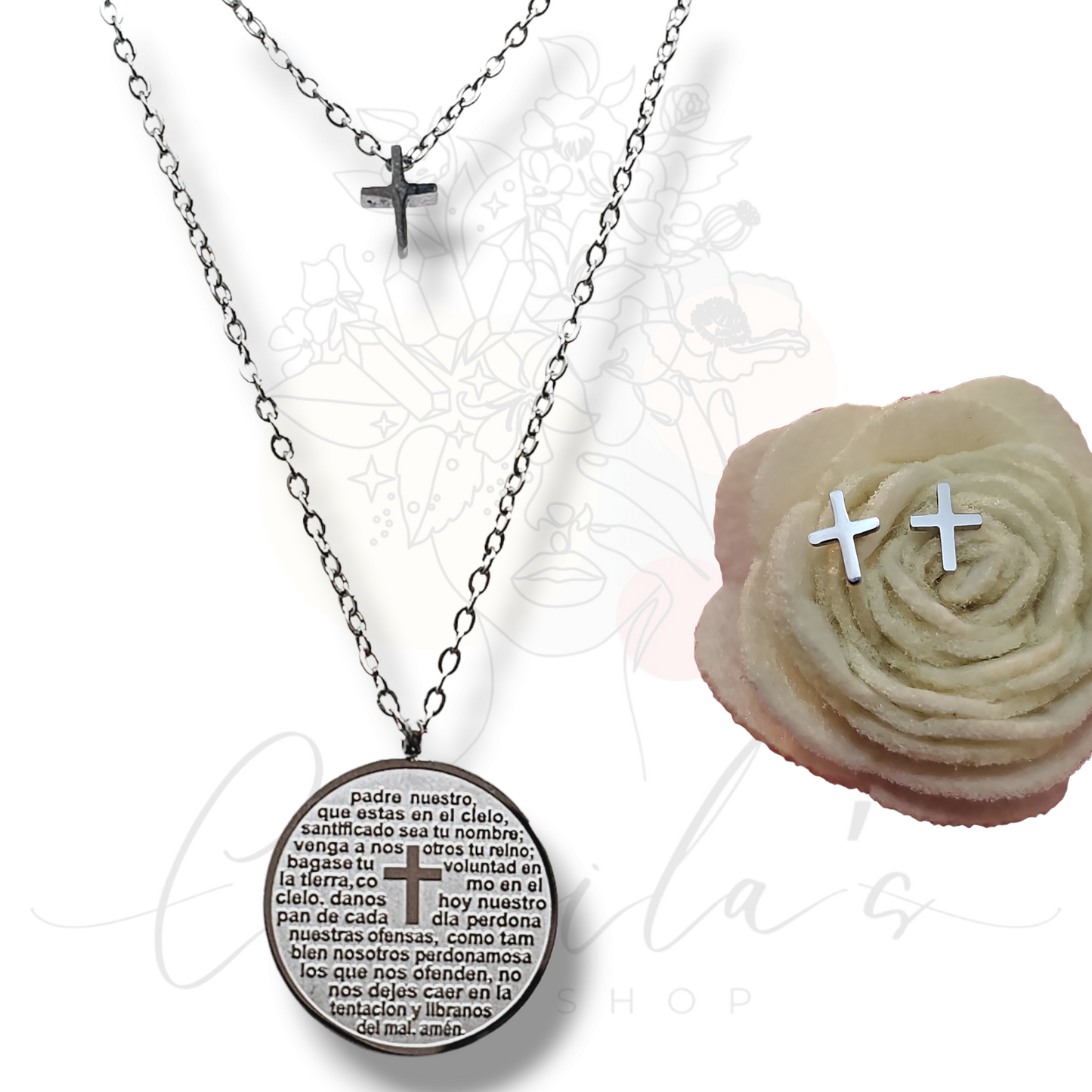 PADRE NUESTRO NECKLACE AND EARRINGS STAINLESS STEEL SILVER COLOR SET
