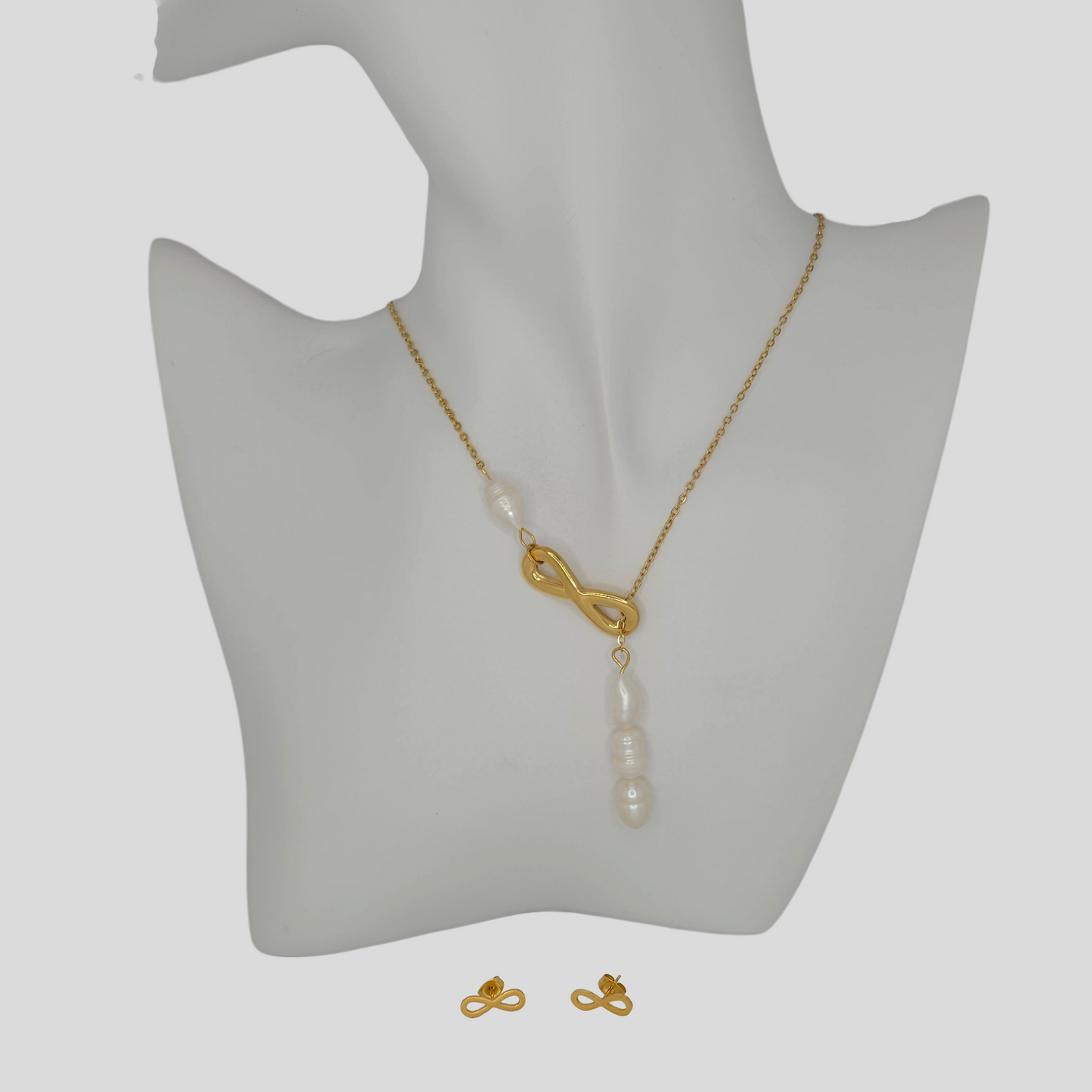 INFINITY PEARL LARIAT NECKLACE AND EARRINGS STAINLESS STEEL GOLD COLOR WITH NATURAL PEARL