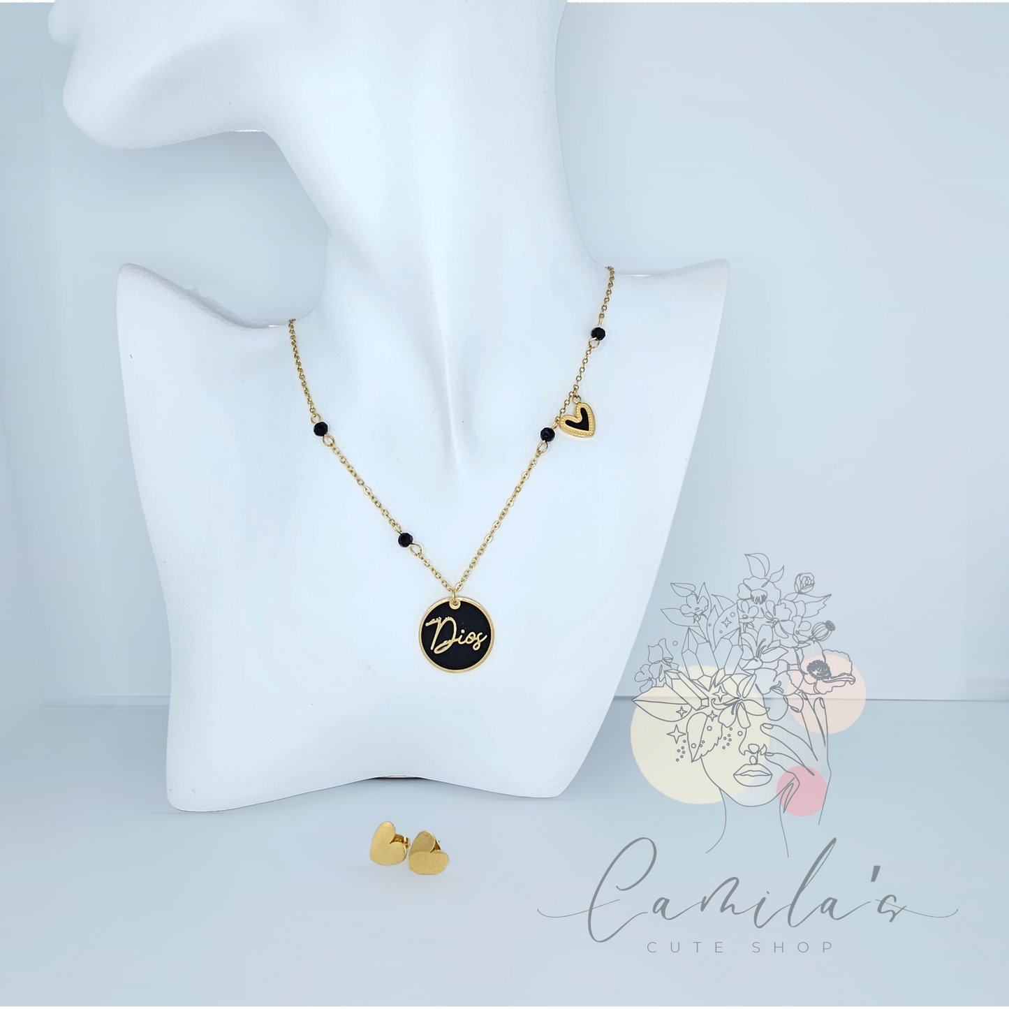 DIOS NECKLACE AND EARRINGS STAINLESS STEEL GOLD COLOR WITH BLACK RESIN DETAIL SET
