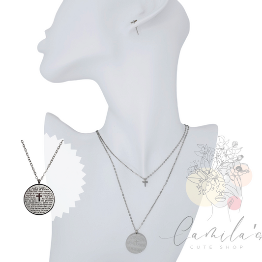 PADRE NUESTRO NECKLACE AND EARRINGS STAINLESS STEEL SILVER COLOR SET