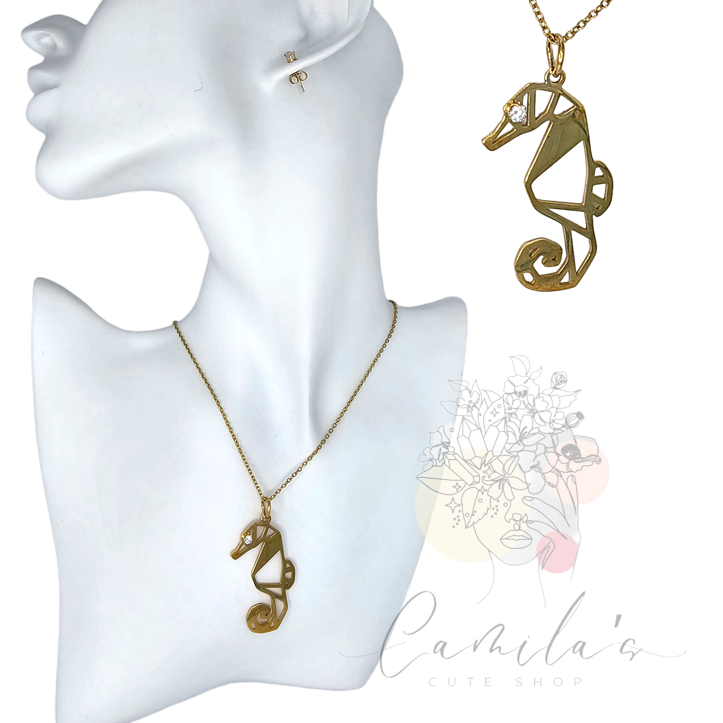 Fashion Seahorse Zirconia and stainless steel Necklace and Earrings